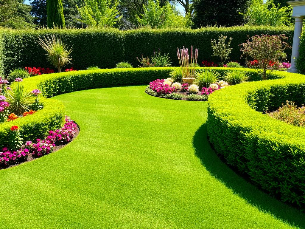 Deep-green lawn with blooming flower beds