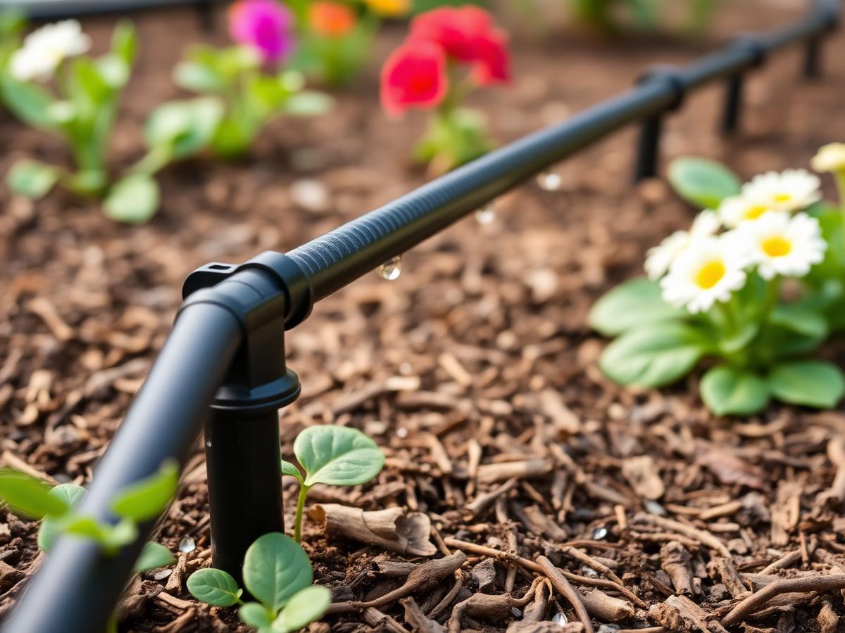 Modern drip irrigation running along a flower bed